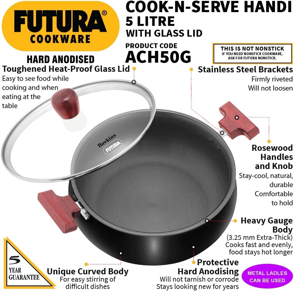 image:imageHawkins Futura 5 Litre Cook n Serve Handi Hard Anodised Biryani Handi with Glass Lid Saucepan Sauce Pan Black ACH50G Polished