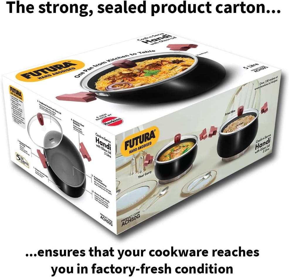 image:imageHawkins Futura 5 Litre Cook n Serve Handi Hard Anodised Biryani Handi with Glass Lid Saucepan Sauce Pan Black ACH50G Polished