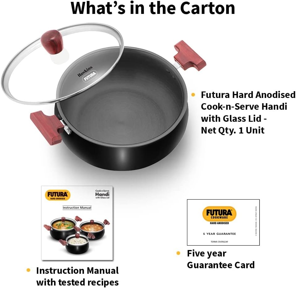 image:imageHawkins Futura 5 Litre Cook n Serve Handi Hard Anodised Biryani Handi with Glass Lid Saucepan Sauce Pan Black ACH50G Polished