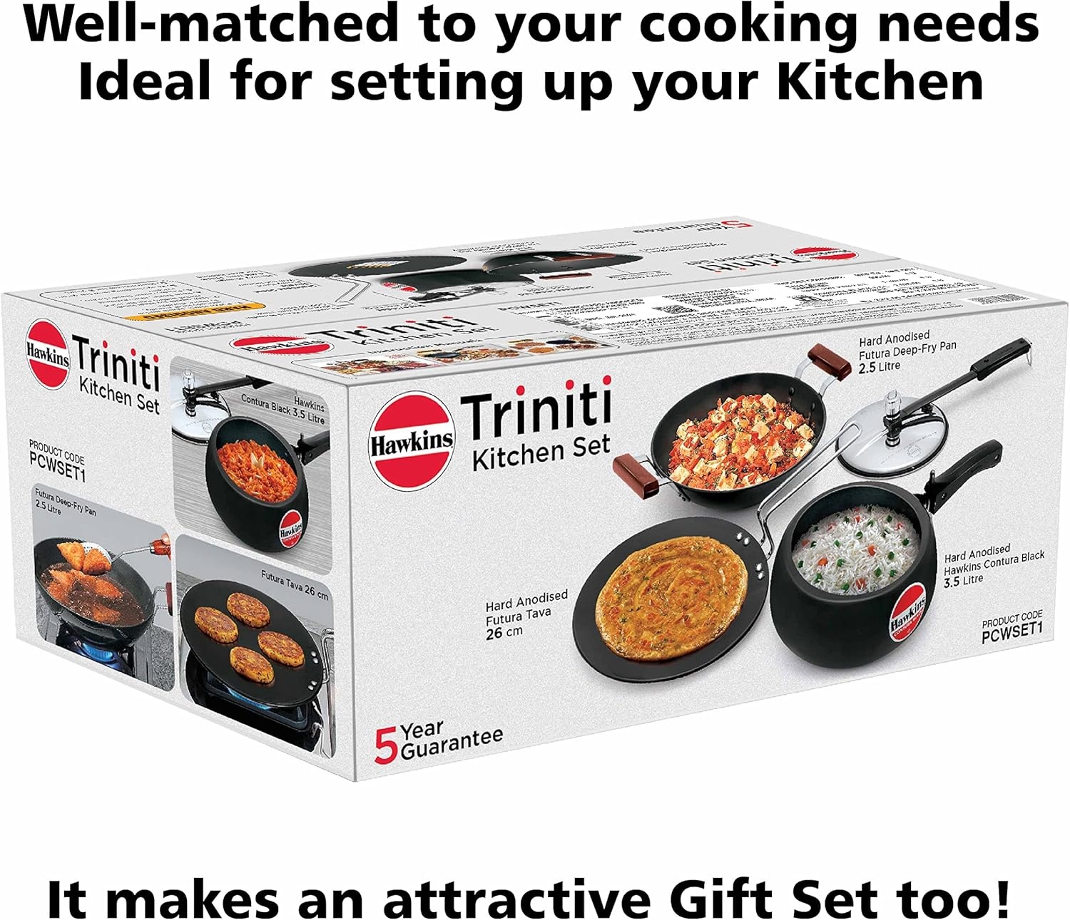 image:imageHawkins Triniti Kitchen Set Tava DeepFry Pan Inner Lid Pressure Cooker Black PCWSET1 Hard Anodised Aluminium