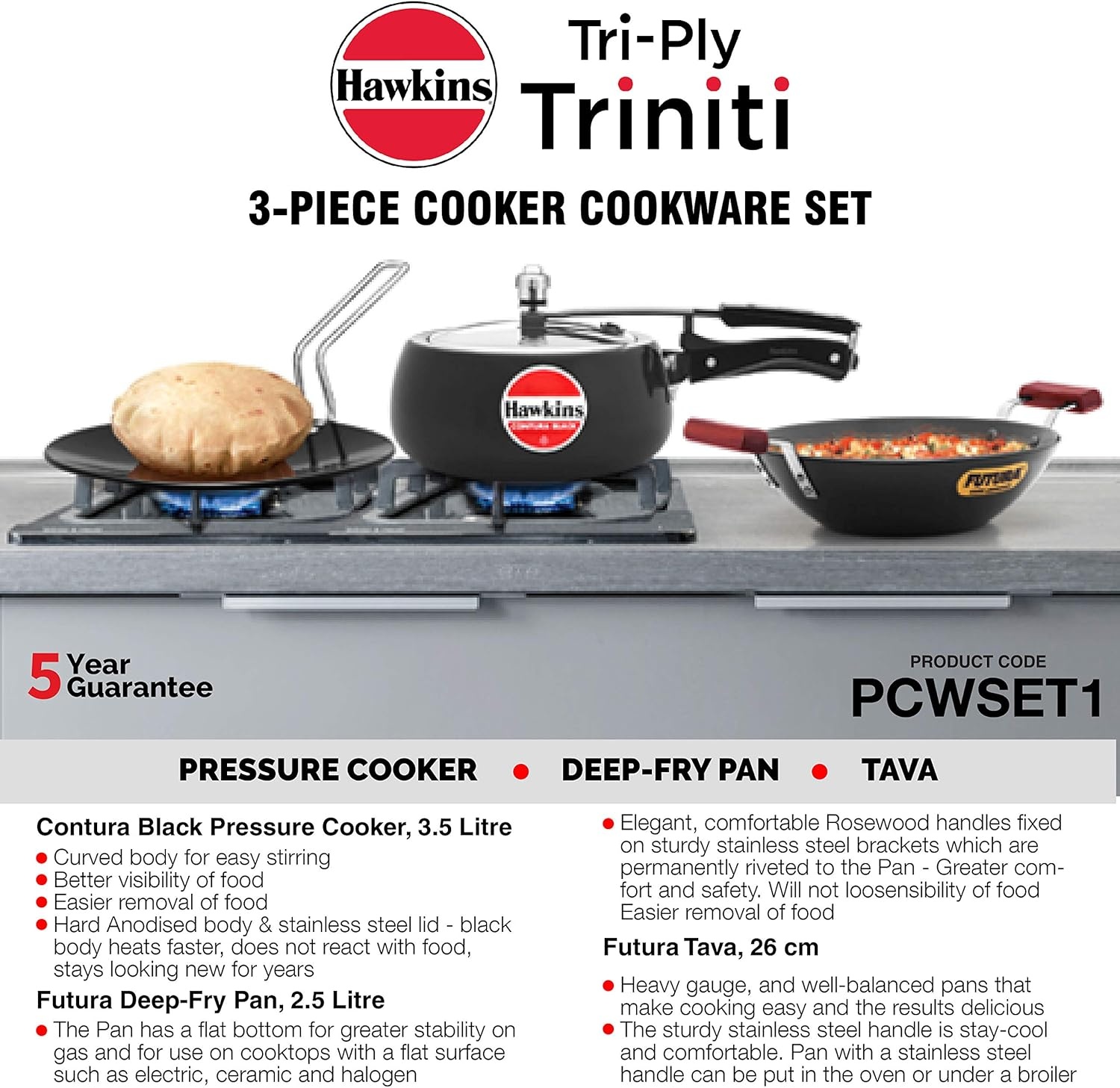 image:imageHawkins Triniti Kitchen Set Tava DeepFry Pan Inner Lid Pressure Cooker Black PCWSET1 Hard Anodised Aluminium
