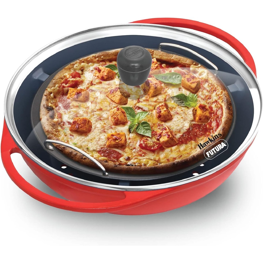 image:imageHAWKINS Diecast 30 cm Nonstick Pizza Maker and Cake Baker with Glass Lid Gas Oven Pizza Oven Toaster Griller Tandoor Barbecue Cake Baking Pan Red Pizza