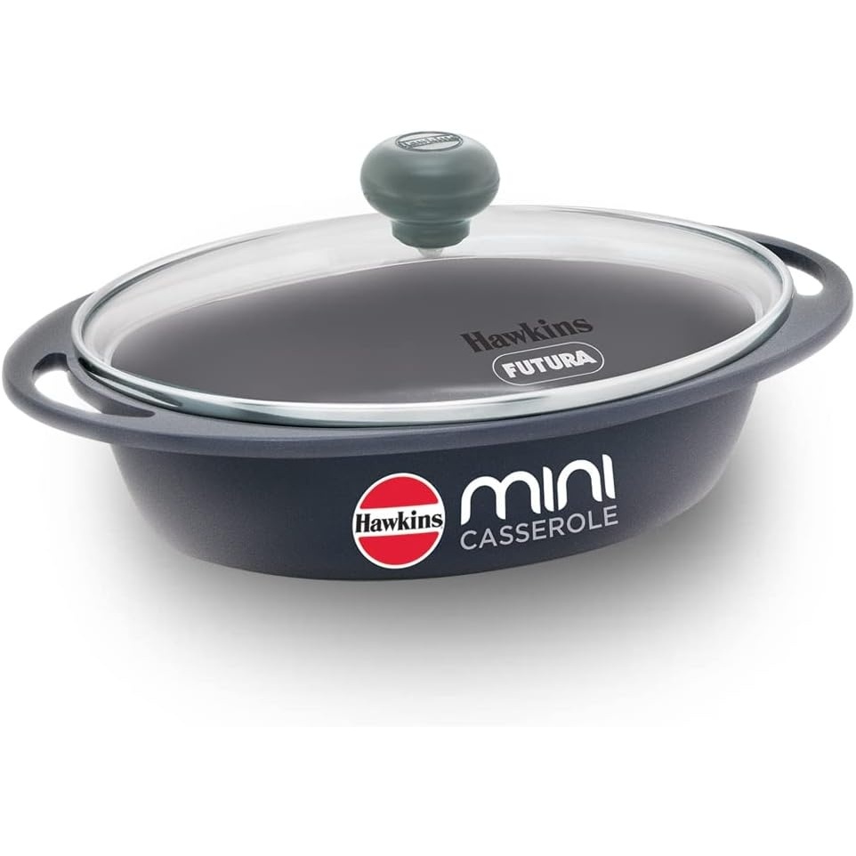 image:imageHawkins 075 Litre Mini Casserole with Glass Lid Oval Shaped DieCast pan for Cooking Reheating Serving and Storing Grey DCG75G
