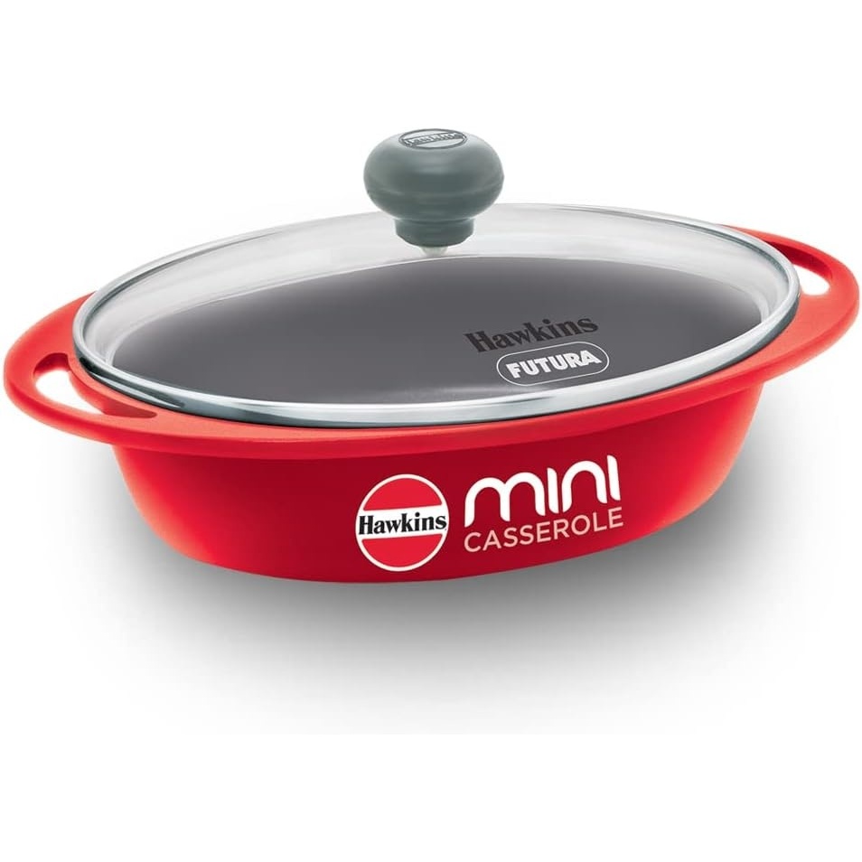 image:imageHawkins 075 Litre Mini Casserole with Glass Lid Oval Shaped DieCast pan for Cooking Reheating Serving and Storing Red DCR75G