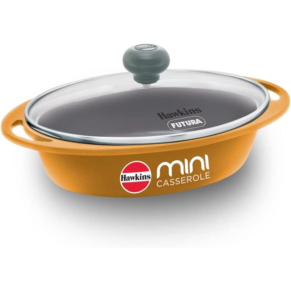 image:imageHawkins 075 Litre Mini Casserole with Glass Lid Oval Shaped DieCast pan for Cooking Reheating Serving and Storing Yellow DCY75G