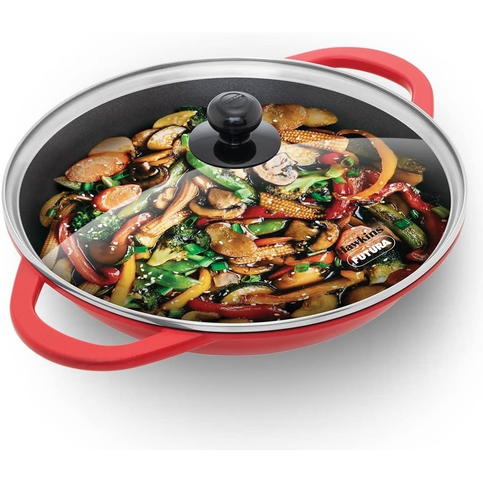image:imageHawkins 3 Litre Shallow Kadhai Die Cast Non Stick Frying Pan with Glass Lid Ceramic Coated Pan Induction Shallow Frying Pan Frying Pan Red IDCSK3G
