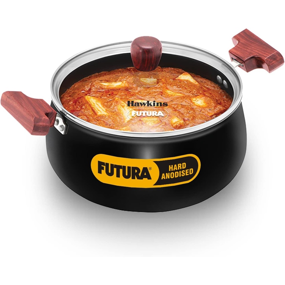 image:imageHawkins Futura 4 Litre NonStick Cook in Serve Handi Hard Anodised Biryani Handi with Glass Lid Induction Saucepan Sauce Pan Black Iach40G