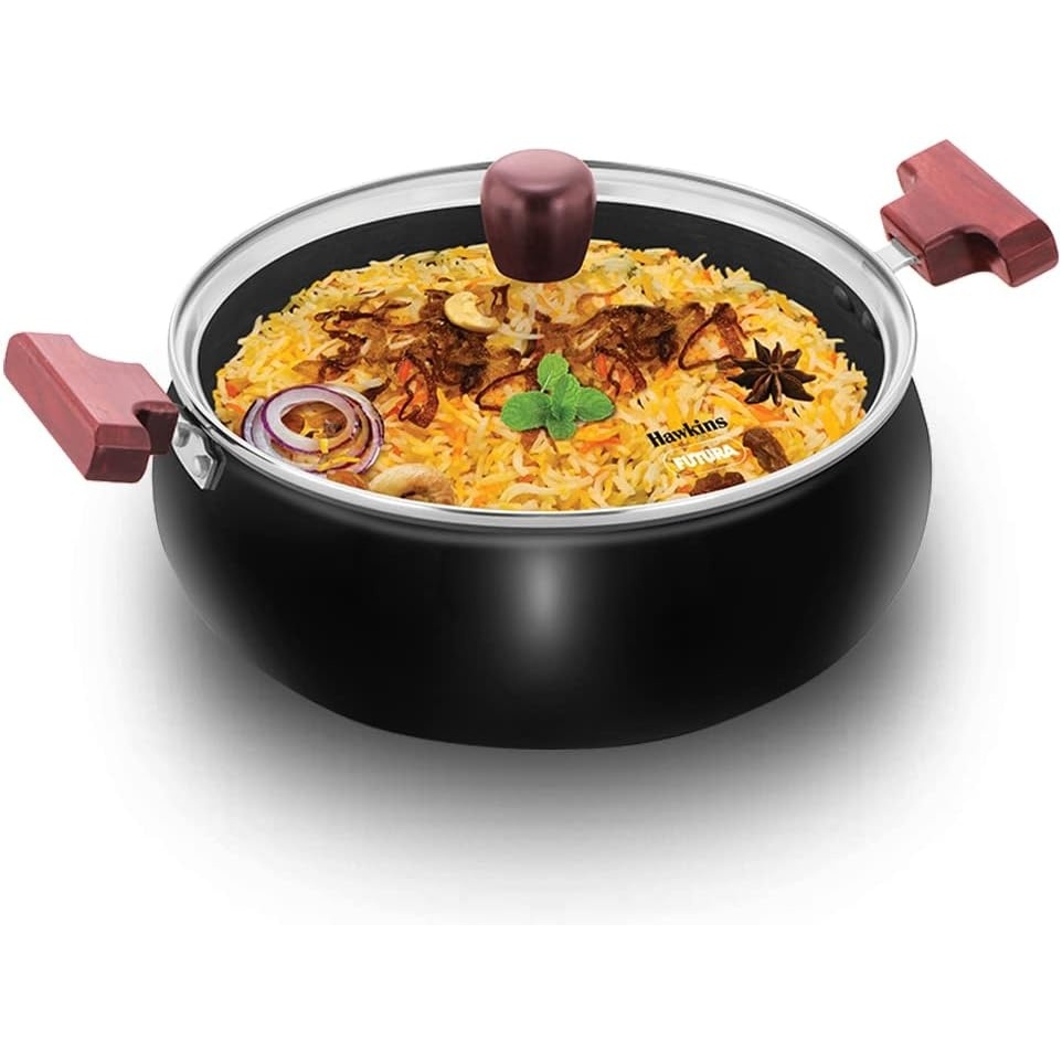 image:imageHawkins Futura 5 Litre Cook n Serve Handi Hard Anodised Biryani Handi with Glass Lid Saucepan Sauce Pan Black ACH50G Polished