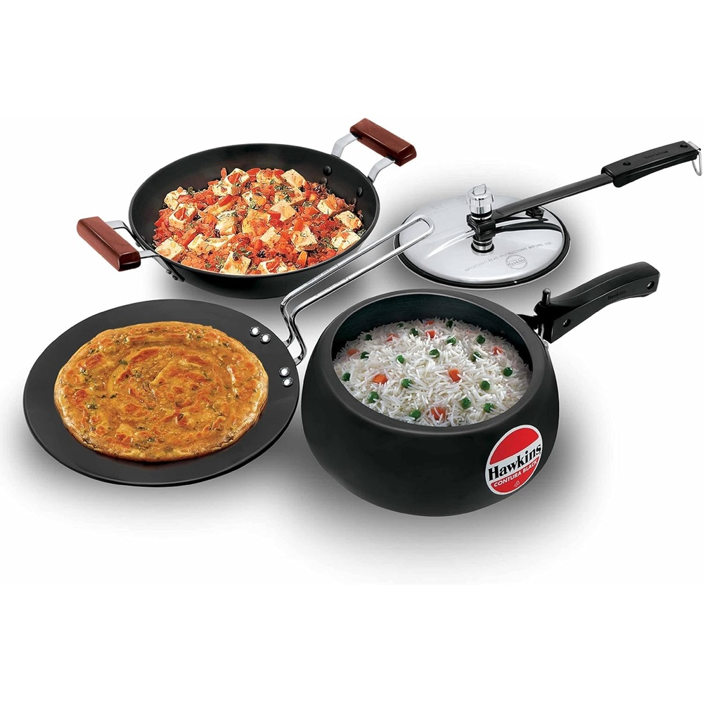 image:imageHawkins Triniti Kitchen Set Tava DeepFry Pan Inner Lid Pressure Cooker Black PCWSET1 Hard Anodised Aluminium